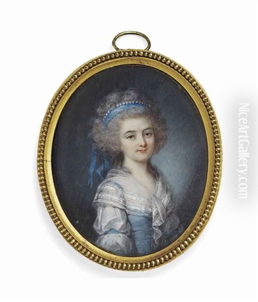A Girl, In Blue Silk Dress Over White Muslin Underdress, Blue Bands Around Her Sleeves, White Gauze Fichu, Upswept Powdered Curling Hair Oil Painting by Augustin Dubourg