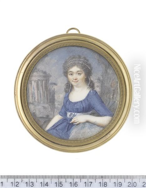 A Lady, Seated Within A Landscape, Wearing Blue Dress And Dove Grey Sash, Her Lightly Powdered Hair Partially Upswept And Dressed With A Double Strand Of Pearls Oil Painting by Augustin Dubourg
