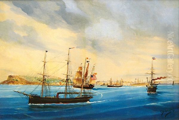 Navire Espagnol En Rade Du Havre Oil Painting by Cheri Francois Marguerite Dubreuil