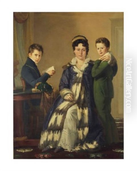 Portrait De Madame Le Hideux Et De Ses Deux Fils Paul Et Victor Oil Painting by Claude-Marie Dubufe
