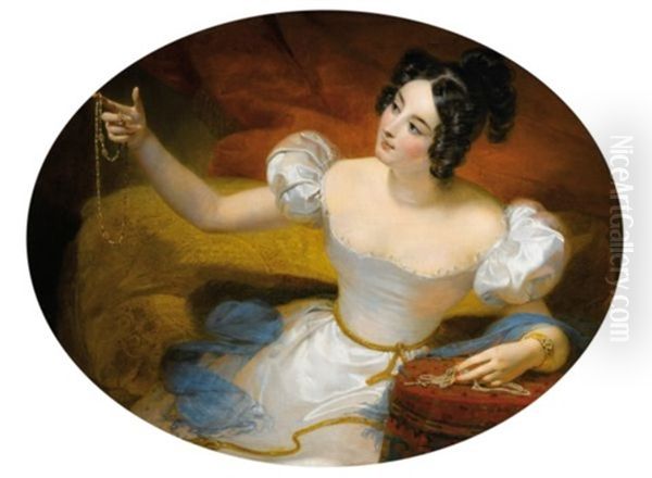 Le Soir Ou Jeune Fille Tenant Un Collier Oil Painting by Claude-Marie Dubufe