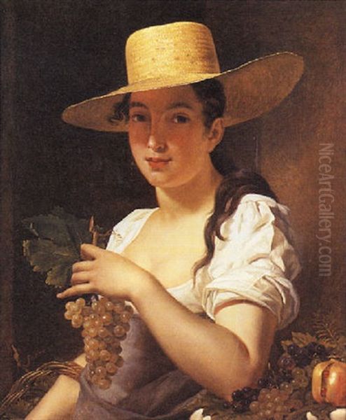 Portrait De Jeune Fille Au Chapeau De Paille Et A La Grappe De Raisin Oil Painting by Claude-Marie Dubufe