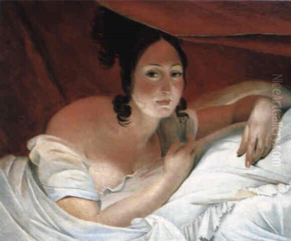 Jeune Femme Dans Un Lit Sous Une Tenture Rouge Oil Painting by Claude-Marie Dubufe