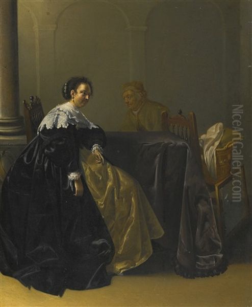 An Elegant Young Lady And Old Maid In An Interior Oil Painting by Jacob Duck