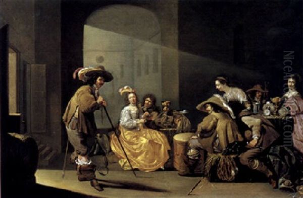 Soldiers And Elegantly Dressed Ladies Gambling Inside A Guardroom Interior Oil Painting by Jacob Duck
