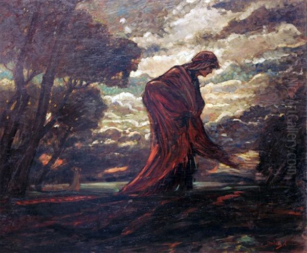 Hostvind - Gaende Kvinna I Rott Oil Painting by Andor Dudits