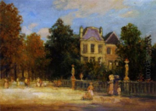 Elegant Figures Before A French Chateau Oil Painting by Georges Leon Dufrenoy