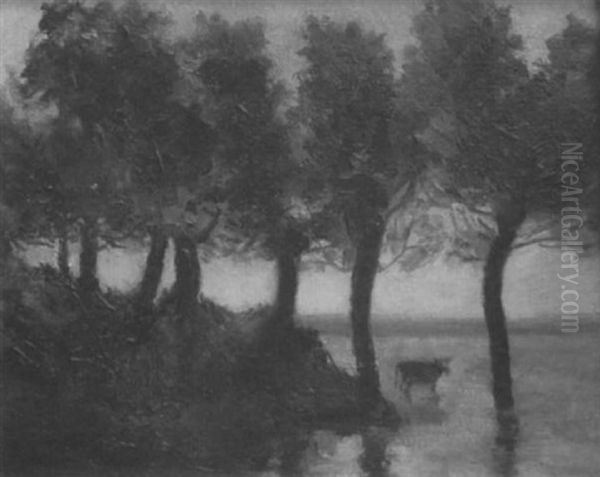 Kuh Am Waldrand Im Wasser Oil Painting by Georges Leon Dufrenoy