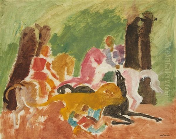 Cavaliers Attaques Par Un Lion Oil Painting by Charles Georges Dufresne