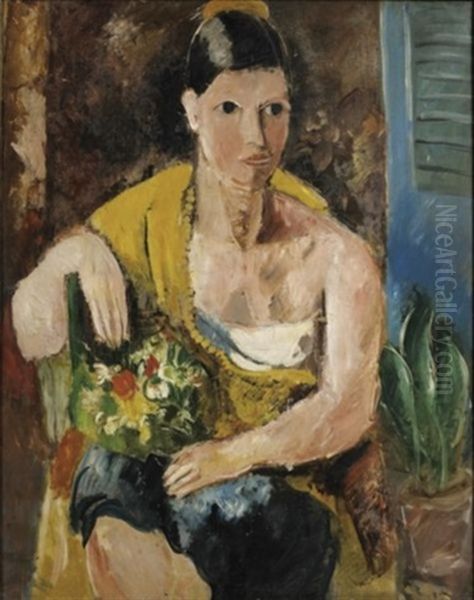 La Femme A L'echarpe Jaune - Portrait De Madame Dufresne Oil Painting by Charles Georges Dufresne