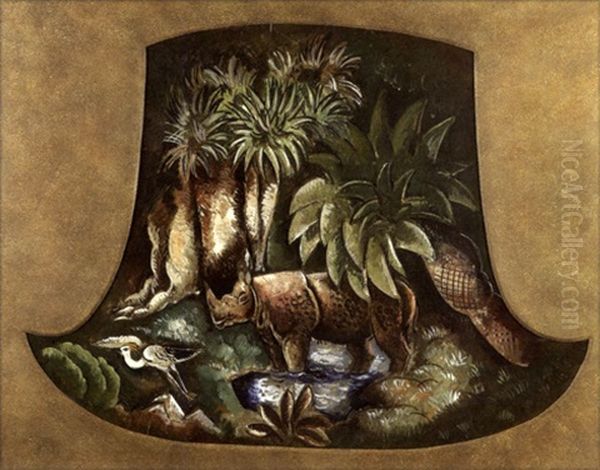 Paysage Exotique Avec Rhinoceros Pour Paul Et Virginie Oil Painting by Charles Georges Dufresne