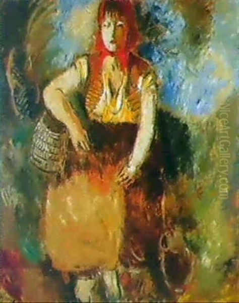 Jeune Paysanne Au Fichu Rouge                               Ou La Pecheuse Oil Painting by Charles Georges Dufresne