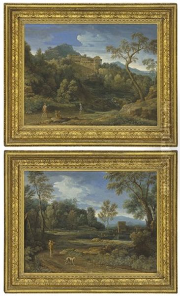 A Classical Landscape With Figures On A Road, A Town Beyond; And A Wooded Landscape With A Lake And A Man With His Dog In The Foreground Oil Painting by Gaspard Dughet