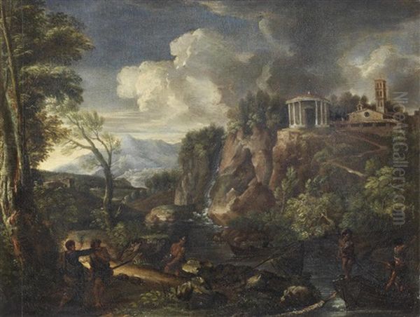 A View Of The Waterfalls At Tivoli With The Temple Of Vesta Oil Painting by Gaspard Dughet
