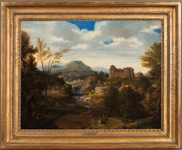 Paysage De Riviere Avec Un Chateau Et Un Berger Se Reposant Oil Painting by Gaspard Dughet