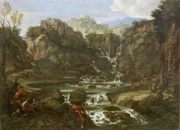 An Extensive River Landscape With A Waterfall Oil Painting by Gaspard Dughet