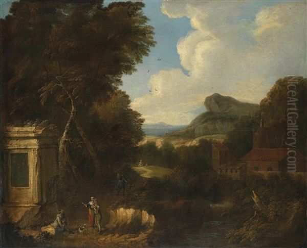 Weite Bewaldete, Gebirgige Landschaft Mit Einem Monument Und Figuren Oil Painting by Gaspard Dughet