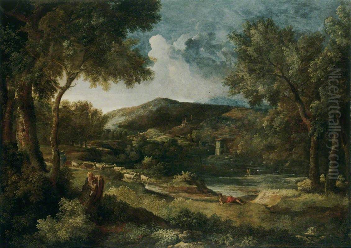 An Italianate River Landscape With A Shepherd And His Flock Oil Painting by Gaspard Dughet
