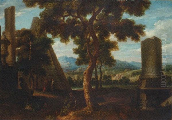 Figures In A Classical Landscape Oil Painting by Gaspard Dughet