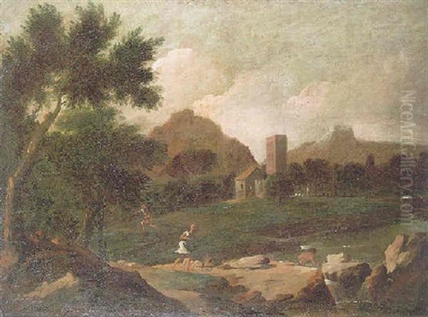 An Italianate Landscape With Shepherds Beside A River, A Castle And Mountains Beyond Oil Painting by Gaspard Dughet