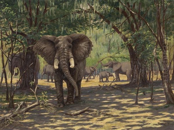 Elephants In Kenya Oil Painting by Arthur Radclyffe Dugmore