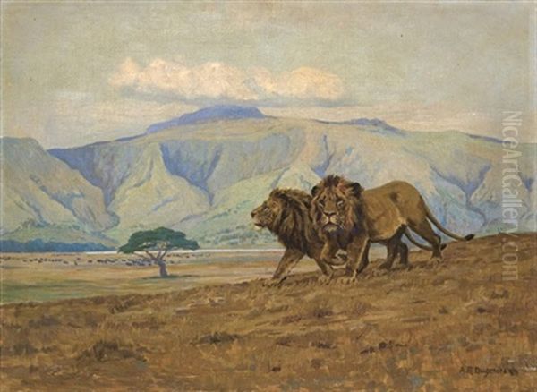 Lions In The Ngora Ngora Crater Oil Painting by Arthur Radclyffe Dugmore