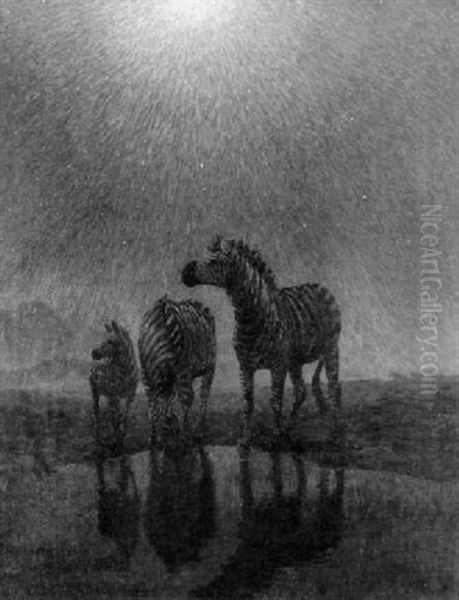 Zebras Grazing In The Moonlight Oil Painting by Arthur Radclyffe Dugmore