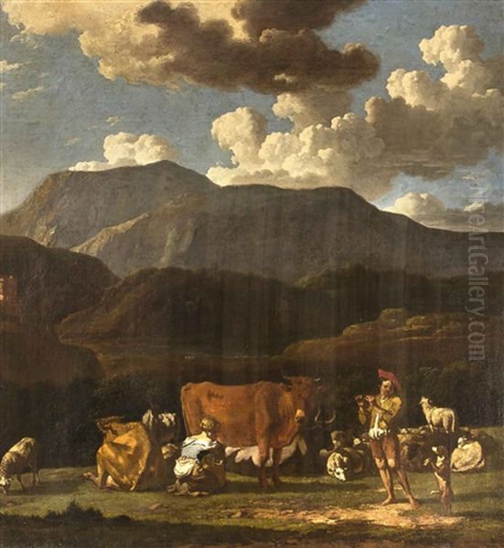Ruhende Tierherde Vor Gebirgspanorama Oil Painting by Karel Dujardin