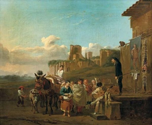 Peasants Gathered Around A Stage To Watch A Comedia Dell'arte Play (+ Another; 2 Works) Oil Painting by Karel Dujardin