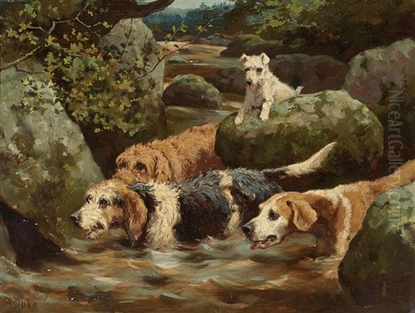Otter Hounds; Otter Hounds On The Scent (a Pair) Oil Painting by Alfred Duke