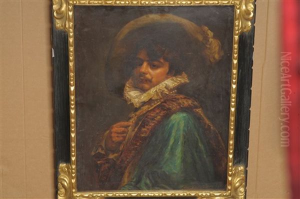 Portrait Of A Cavalier, Wearing A Green Coat And Red Cloak Oil Painting by Hippolyte Francois Duluard
