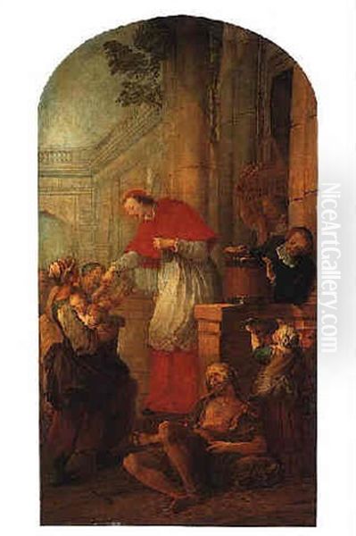 St. Carlo Borromeo Giving Alms To The Poor Oil Painting by Pierre Louis Ii Dumesnil