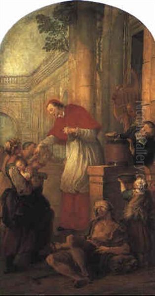 St. Carlo Borromeo Giving Alms To The Poor Oil Painting by Pierre Louis Ii Dumesnil