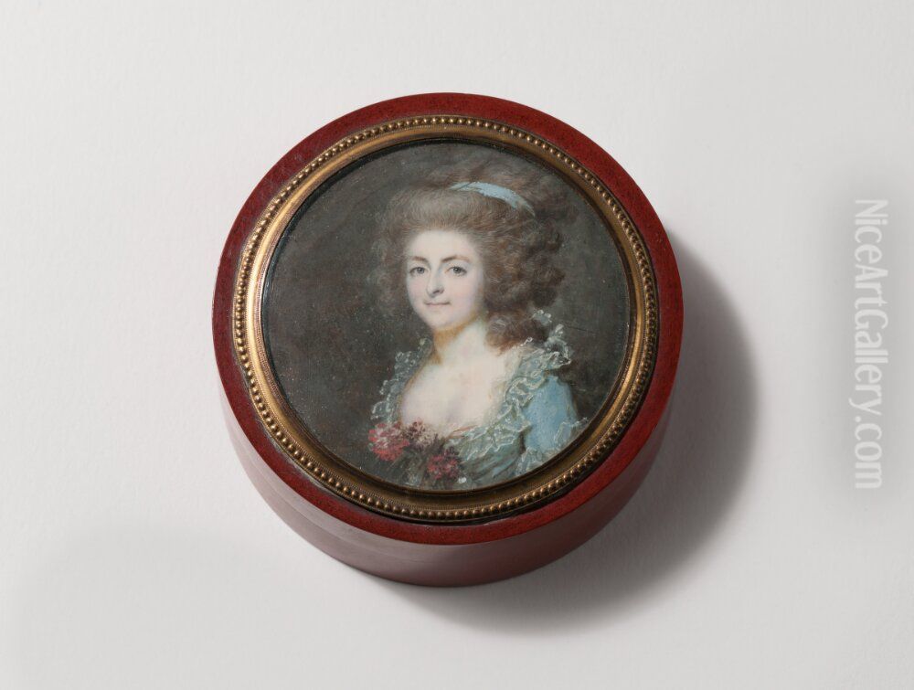 Portrait De Femme A La Robe Bleue Et Au Corsage Orne De Fleurs Oil Painting by Francois Dumont