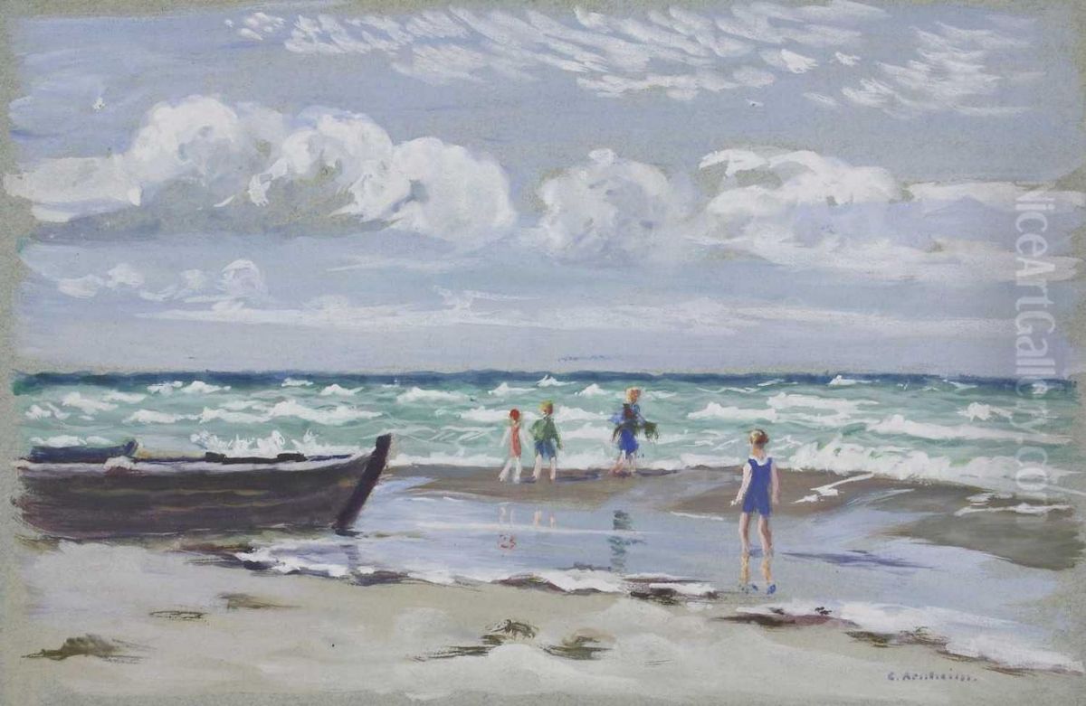 Kinder Am Strand Von Hiddensee Oil Painting by Clara Arnheim