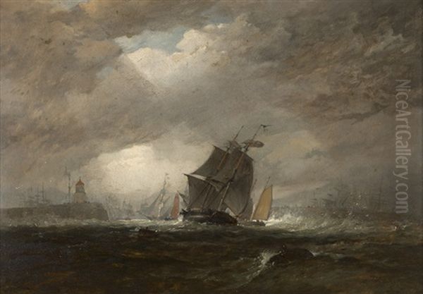 Swansea Harbor, Ship In Stormy Waters Oil Painting by Edward Duncan