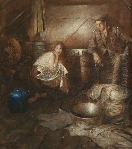 In The Shelter, Probable Story Illustration Oil Painting by Harvey Dunn
