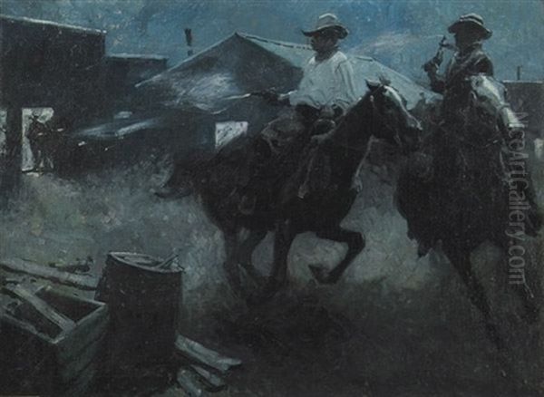 Two Cowboys On Horseback Shooting Their Way Out Of Town (illus.) Oil Painting by Harvey Dunn