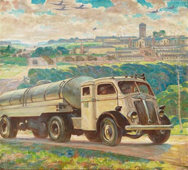 The White Motor Company Milk Transporter (illus. For The Saturday Evening Post, December, 1943) Oil Painting by Harvey Dunn