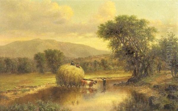 Oxen And Haying Cart Fording A Stream Oil Painting by Robert Spear Dunning