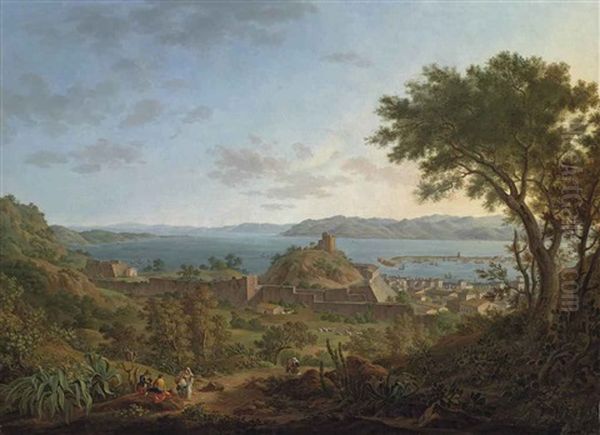 A View Of The Gulf Of Messina, With Figures On The Path In The Foreground Oil Painting by Alexandre Hyacinthe Dunouy