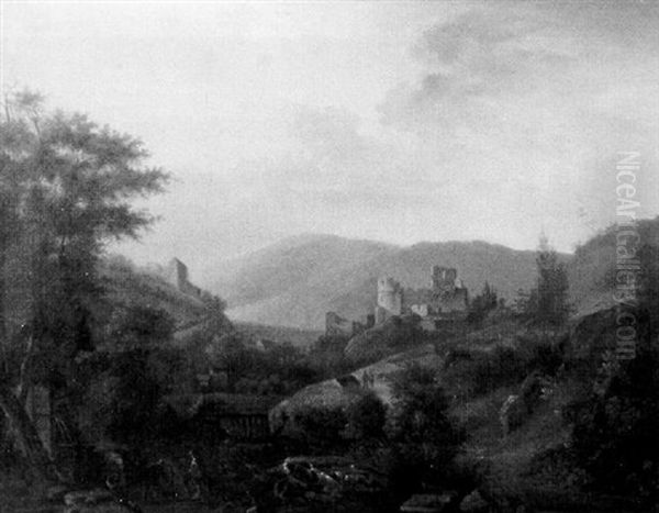 Paysage De Vallee Avec Les Ruines D'un Chateau Feodal Oil Painting by Alexandre Hyacinthe Dunouy