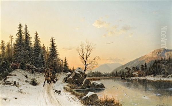 Norwegische Winterlandschaft Mit Pferdeschlitten Oil Painting by Johannes Bartolomaus Duntze