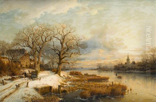 A Winter Landscape With Frozen River Oil Painting by Johannes Bartolomaus Duntze