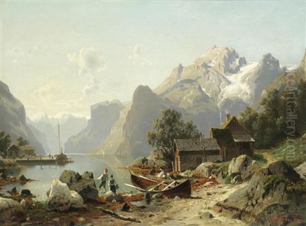 A Mountain Lake Oil Painting by Johannes Bartolomaus Duntze