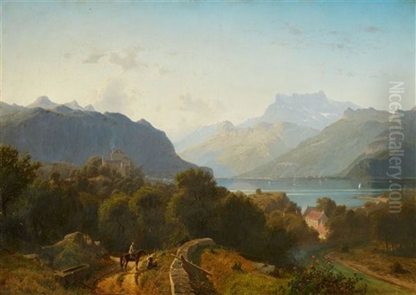 View Of Lake Geneva Oil Painting by Johannes Bartolomaus Duntze