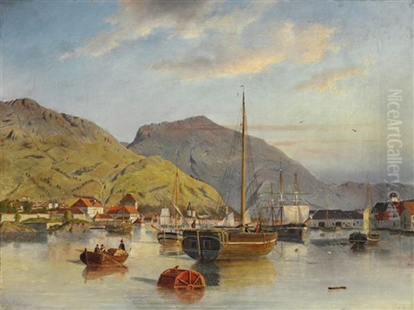 Harbour View Of Bergen In Norway Oil Painting by Johannes Bartolomaus Duntze