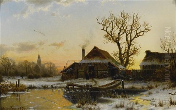 A Winter Twilight Oil Painting by Johannes Bartolomaus Duntze