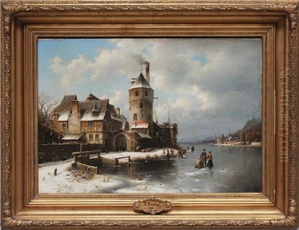 Winterliche Dorfidylle Mit Schlittschuhlaufern Auf Zugefrorenem Kanallauf Oil Painting by Johannes Bartolomaus Duntze