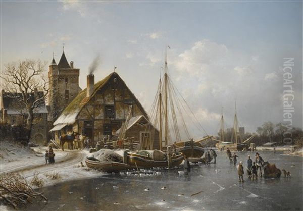 Winter On The Rhine Oil Painting by Johannes Bartolomaus Duntze